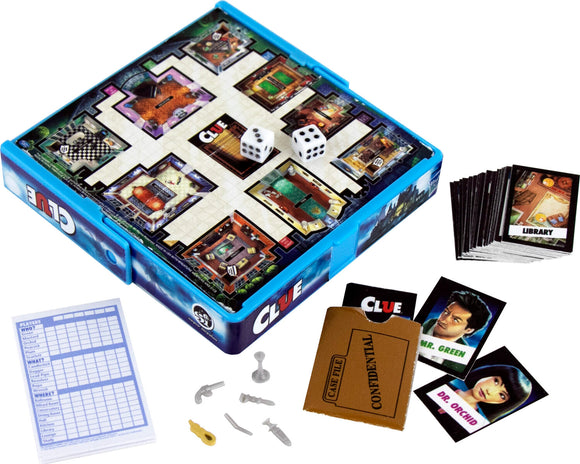 The World's Smallest Clue game by Super Impulse, featuring a compact board with a grid layout of various rooms like the Library and Conservatory. Includes miniature game pieces, dice, a case file card, and character cards such as Mr. Green and Dr. Orchid, along with a detective cheat sheet for tracking clues.