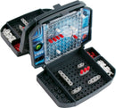 The World's Smallest Battleship game by Super Impulse features a compact and portable design. The game includes a grid board with red and white pegs for tracking battleship hits and misses. The two halves of the game fold out to reveal storage compartments for the pieces, making it easy to transport and store.