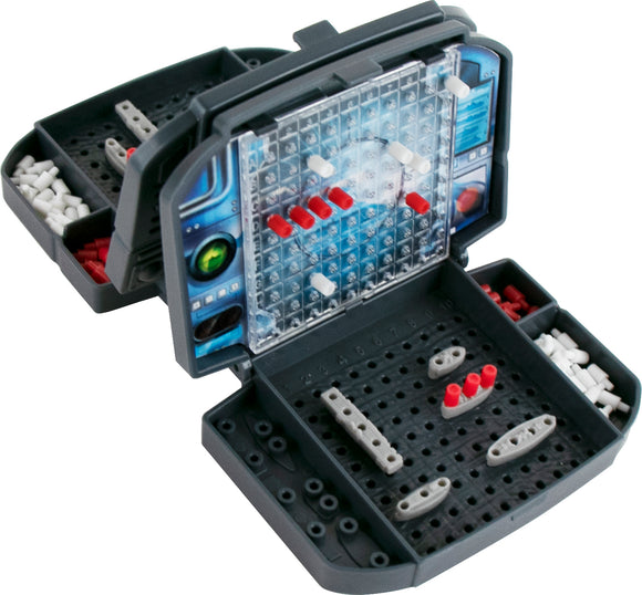 The World's Smallest Battleship game by Super Impulse features a compact and portable design. The game includes a grid board with red and white pegs for tracking battleship hits and misses. The two halves of the game fold out to reveal storage compartments for the pieces, making it easy to transport and store.