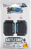 World's Smallest Battleship game set by Super Impulse featuring two mini battle cases and game pieces including ships and pegs. Ideal for portable, classic naval combat fun.