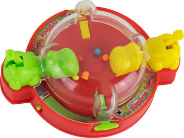 The World's Smallest Hungry Hungry Hippos game by Super Impulse, featuring a vibrant circular base with colorful hippo figurines in yellow, green, and pink. The game includes small multicolored balls in a playful setup, perfect for fast-paced fun and family entertainment.