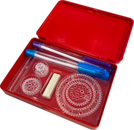 The World's Smallest Spirograph by Super Impulse, featuring a red case. Inside are clear plastic gears, two pens in blue and purple, and a white drawing guide. This compact art tool allows users to create intricate spiral designs easily.