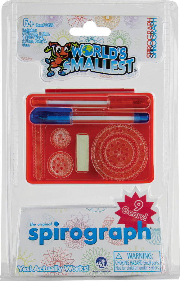 The World's Smallest Spirograph kit by Super Impulse, featuring a vibrant red case containing 6 wheels, 1 ring, 1 spiro track, 2 pens, and putty. It promotes creativity and artistic expression through intricate designs using 9 available gears. Suitable for ages 6 and up.