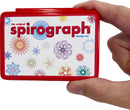 A hand holding the World's Smallest Spirograph design set, featuring a colorful lid with intricate circular designs and the text 'the original spirograph design set.' The compact case is bright red, perfect for young artists and creative fun.