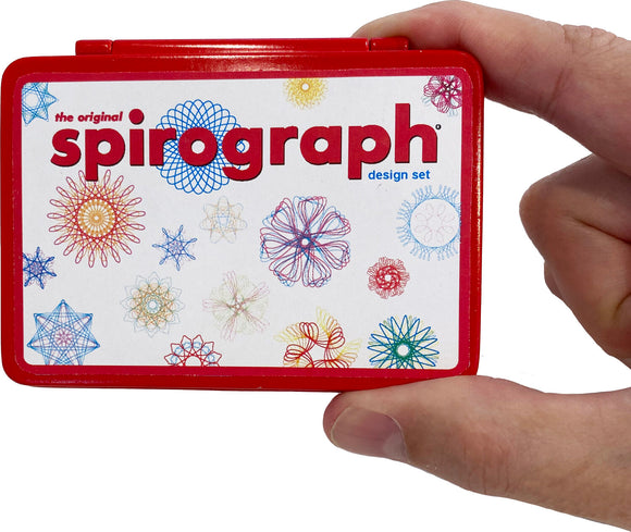 A hand holding the World's Smallest Spirograph design set, featuring a colorful lid with intricate circular designs and the text 'the original spirograph design set.' The compact case is bright red, perfect for young artists and creative fun.