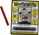 The World's Smallest WoolyWilly by Super Impulse features a playful clown face where users can create funny hairstyles and facial features using magnetic iron filings and a red magic wand. The colorful packaging displays various faces and instructions for creating unique looks, making it a fun and engaging fidget toy.