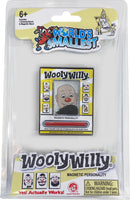 The World's Smallest WoolyWilly by Super Impulse features a compact drawing board with a magnetic wand. Users can create playful hairstyles and facial features for the character using black iron filings and the wand, displayed in colorful packaging that highlights its unique magnetic personality.