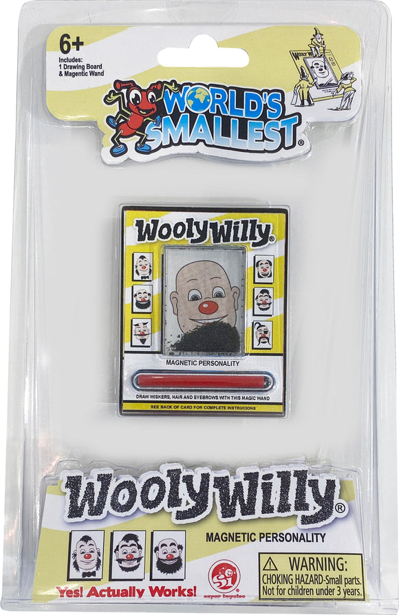 The World's Smallest WoolyWilly by Super Impulse features a compact drawing board with a magnetic wand. Users can create playful hairstyles and facial features for the character using black iron filings and the wand, displayed in colorful packaging that highlights its unique magnetic personality.