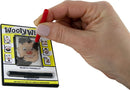 A close-up of a person's hand holding a red stylus and drawing on the World's Smallest WoolyWilly toy, featuring a clown's face with magnetic shavings for hair. The colorful packaging showcases various clown designs and prompts creativity and fun.