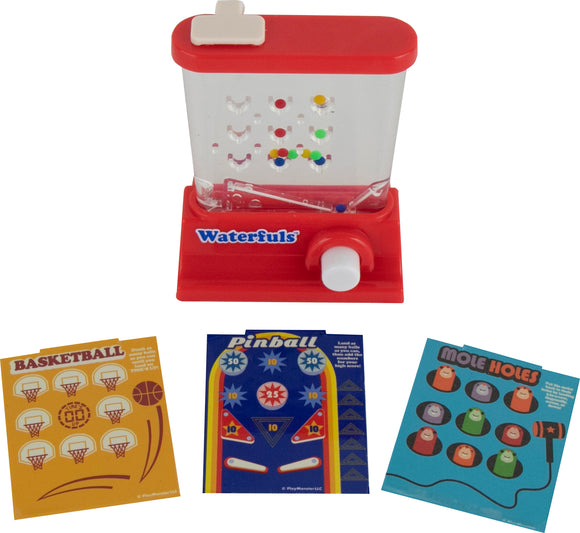 The World's Smallest Waterfuls toy by Super Impulse features a compact water-filled activity unit with colorful balls and a clear plastic tube. It showcases three game cards: Basketball, Pinball, and Mole Holes, allowing for engaging and interactive gameplay.