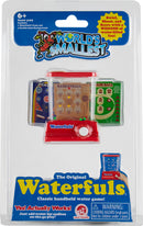 The World's Smallest Waterfuls, a classic handheld water game from Super Impulse. The packaging features a bright blue background with the product name at the top, and illustrations of the game showing how to swirl, shoot, and score with tiny balls in a water-filled environment. The game includes three double-sided background games, namely Basketball, Arcade Ball, and Pinball, promising endless fun for players aged 6 and up.