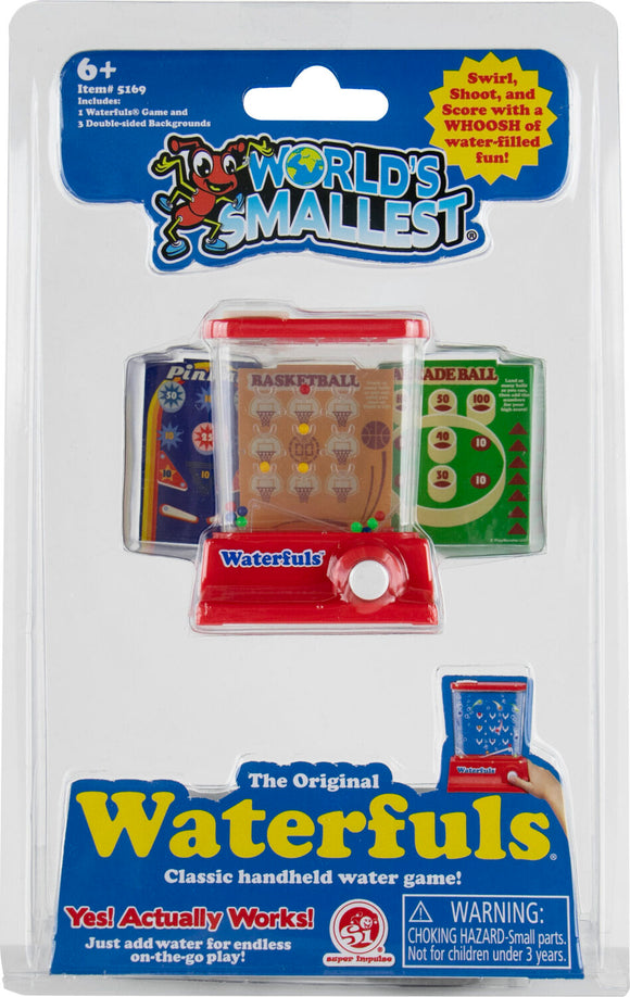 The World's Smallest Waterfuls, a classic handheld water game from Super Impulse. The packaging features a bright blue background with the product name at the top, and illustrations of the game showing how to swirl, shoot, and score with tiny balls in a water-filled environment. The game includes three double-sided background games, namely Basketball, Arcade Ball, and Pinball, promising endless fun for players aged 6 and up.