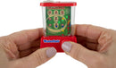 A person holding the World's Smallest Waterfuls toy, which features a clear plastic container filled with water and colorful balls. The front displays a scoring board with various point values marked. This handheld arcade game challenges users to land balls in scoring zones for fun and engagement.