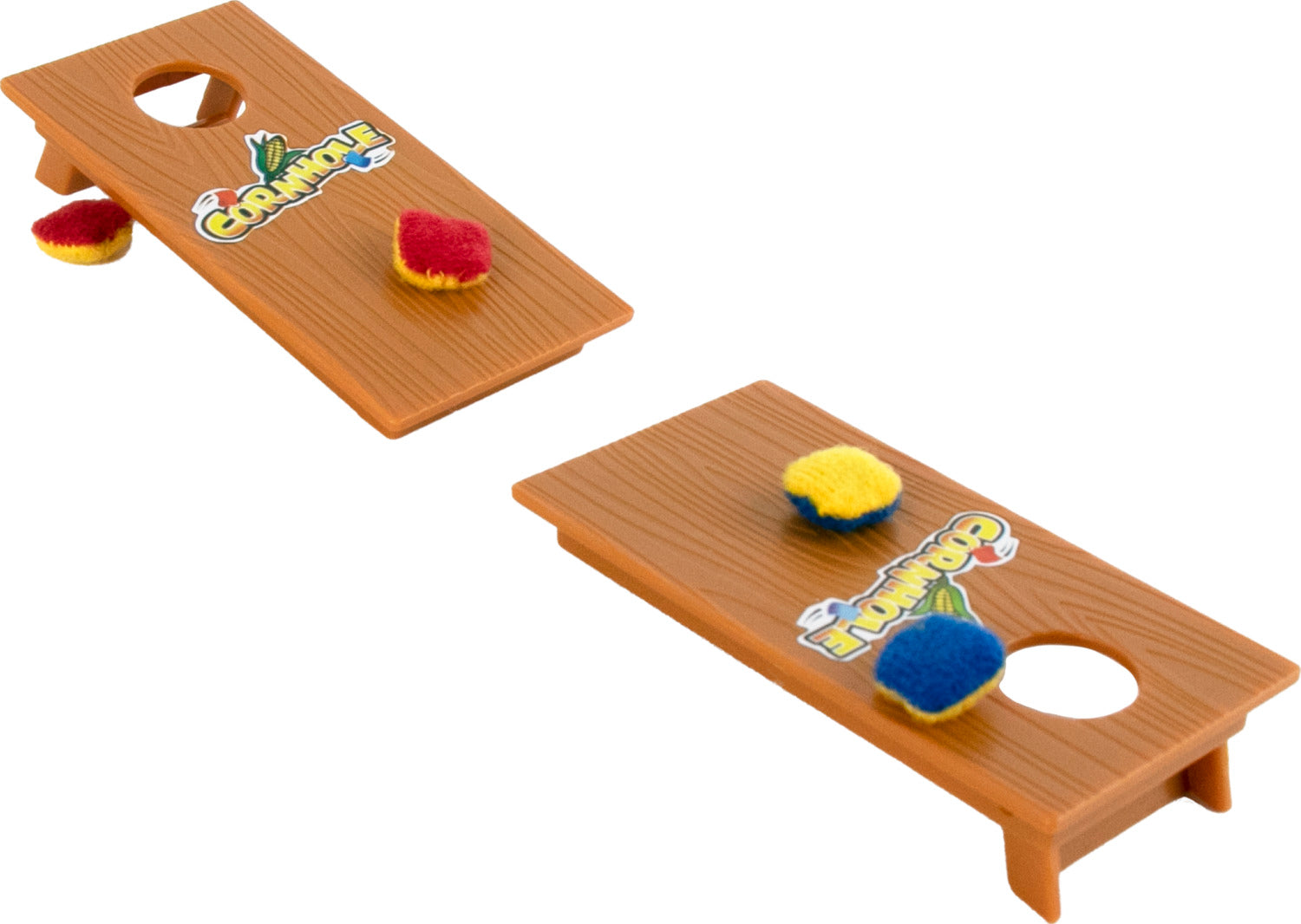 World's Smallest Cornhole game set by Super Impulse featuring two miniature cornhole boards and soft tossable beanbags. Ideal for indoor fun and party entertainment.