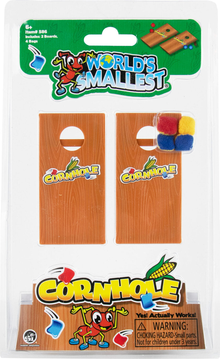 World's Smallest Cornhole game set by Super Impulse. Includes two miniature cornhole boards with holes, four colorful bags (red, yellow, blue), and packaging featuring vibrant graphics and a playful ant character. Ideal for portable fun and competitive play.