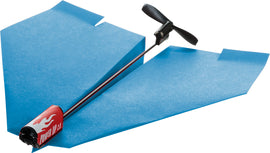 The PowerUp 2.0 Electric Plane in blue, featuring an electric propulsion unit and two large blue paper wings. Perfect for DIY enthusiasts and kids, this innovative kit transforms a simple paper airplane into a powered flying machine, encouraging hands-on creativity and scientific exploration.