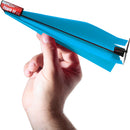 A hand holding the PowerUp 2.0 Elec Plane, a blue paper aircraft equipped with a small electric propeller. The device features a sleek design, highlighting the vibrant blue paper and the easily recognizable PowerUp branding on the propeller casing. Ideal for creative play and engineering enthusiasts.