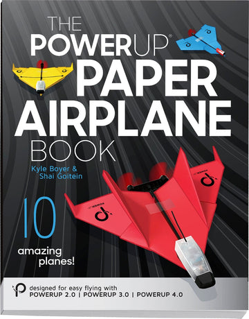 The PowerUp Paper Airplane Book features a sleek design with vibrant red and blue paper airplanes against a dynamic gray background. The cover showcases the title prominently, with a note indicating it includes 10 amazing plane designs suitable for PowerUp 2.0, 3.0, and 4.0 models. Ideal for DIY enthusiasts looking to combine creativity with aerodynamics.