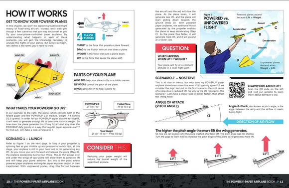 A detailed page from the 'PowerUp Paper Airplane Book' showcasing explanations about how powered planes work. The page includes diagrams illustrating major forces like lift, thrust, and drag, as well as scenarios demonstrating the principles of flight. It also outlines the parts of a plane, including wing tips and elevators, and discusses how to achieve stable flight with the PowerUp module. The content is educational and targeted towards DIY enthusiasts interested in paper airplane mechanics.