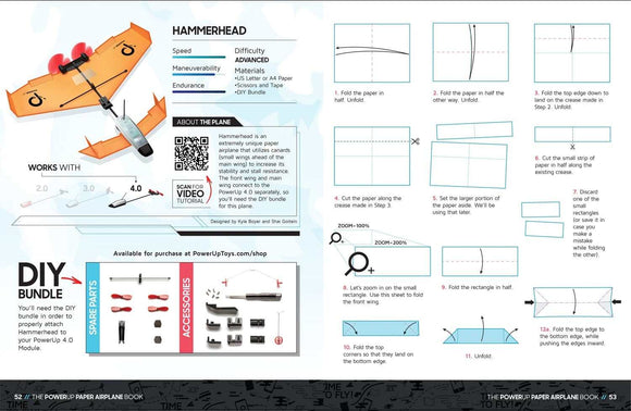 The PowerUp Paper Airplane Book from PowerUp features step-by-step instructions for building advanced paper airplanes, specifically the Hammerhead model. Detailed images show necessary materials, including paper, scissors, and accessories. The guide highlights key aspects like speed, maneuverability, and endurance, alongside a DIY bundle listing spare parts and accessories needed for assembly.