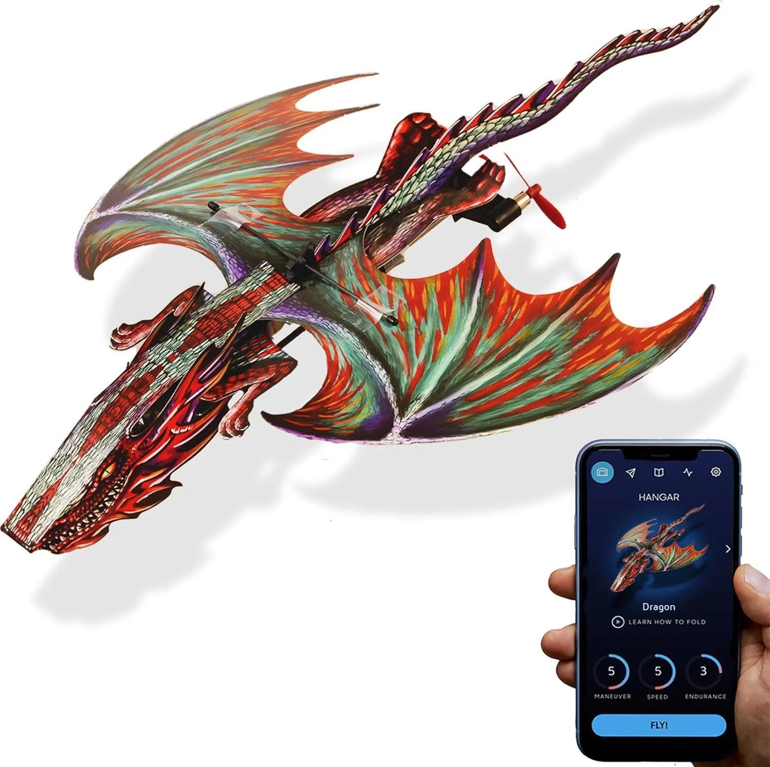 PowerUp Dragon Kit featuring a colorful, detailed dragon model with large wings. The image shows a smartphone app in hand used for controlling the dragon's flight and learning folding techniques.