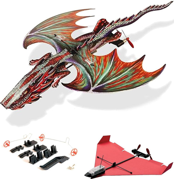 The PowerUp Dragon Kit by PowerUp features a colorful dragon design that doubles as a flying model. It includes various assembly components such as wings, a tail, and propeller parts, ideal for creating a flying dragon toy. The kit encourages creativity and hands-on engagement for builders of all ages, showcasing a vibrant, multi-colored dragon with intricate details.