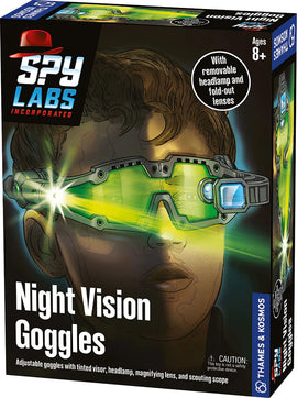 Spy Labs: Night Vision Goggles by Thames & Kosmos, featuring adjustable goggles with a tinted visor, a removable headlamp, fold-out lenses, and a magnifying lens. Suitable for ages 8 and above, this product encourages imaginative play and exploration.