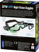 Spy Labs Night Vision Goggles by Thames & Kosmos. A sleek black design with green lenses, adjustable headband, and a fold-out magnifying lens for nighttime exploration and surveillance. Features an LED headlamp for visibility in the dark, ideal for secret missions and evidence investigation.