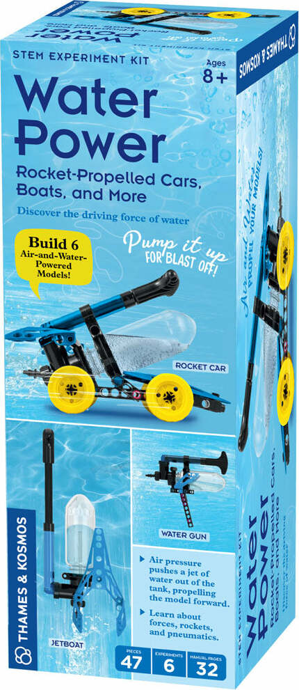 Water Power STEM experiment kit by Thames & Kosmos for ages 8 and up. The kit allows users to build six models including a rocket car and a jetboat, demonstrating water and air pressure mechanics. The packaging features colorful images of the rocket-propelled machines and highlights key features like air and water-powered propulsion. Ideal for young inventors interested in science and engineering.