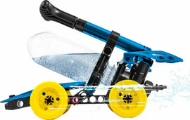 A colorful DIY kit titled 'Water Power: Rocket-Propelled Machines' by Thames & Kosmos, showcasing a water rocket machine made of blue and yellow components. The kit includes a transparent water container and a mechanical assembly with visible water splashes, emphasizing a fun way to learn about engineering and propulsion through hands-on experimentation.