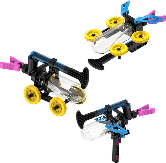 A set of three DIY rocket-propelled machines made from colorful plastic components. One machine features a transparent bottle body with yellow wheels and a pink lever, showcasing an engaging design for science exploration. The machines demonstrate principles of water propulsion and creativity, making it ideal for hands-on learning.