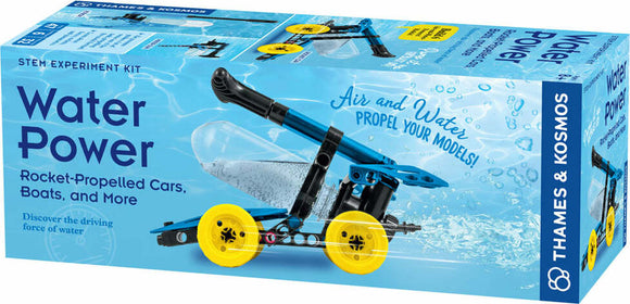 Water Power: Rocket-Propelled Machines DIY kit by Thames & Kosmos. The packaging features a colorful design with images of cars and boats powered by water. It highlights the science behind propulsion using air and water for educational fun.