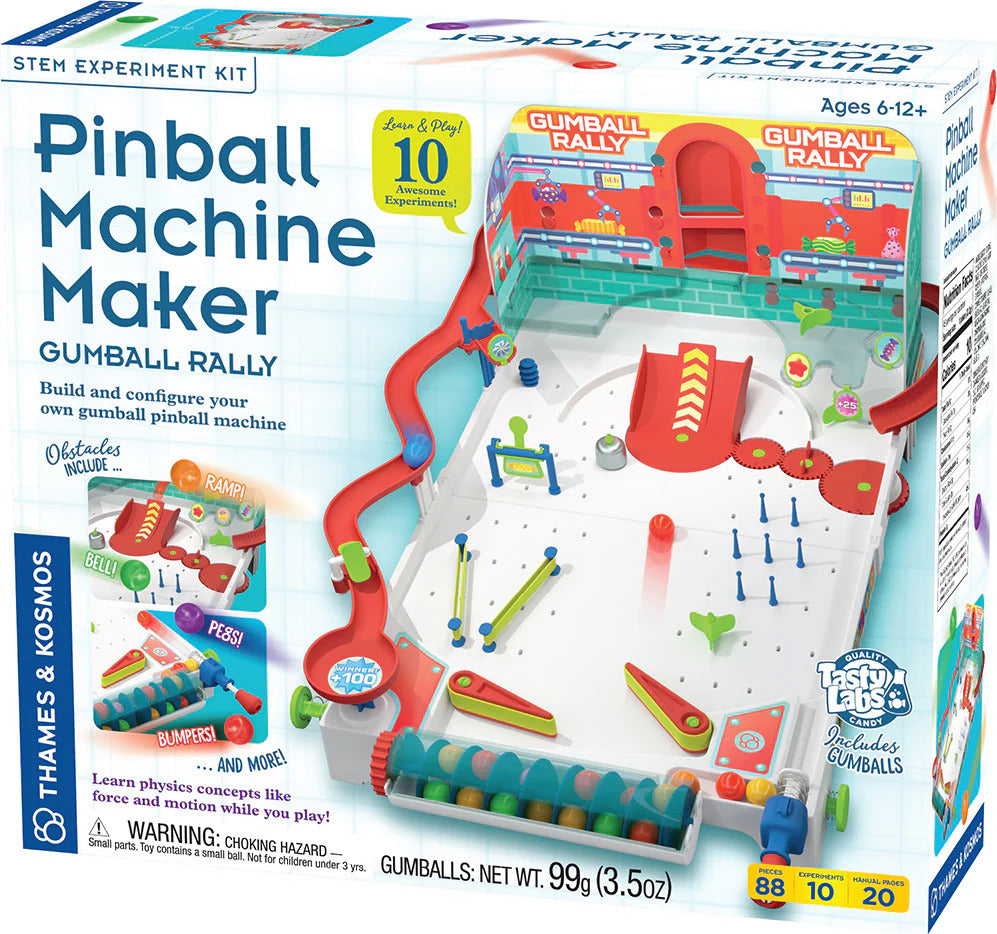 The Pinball Machine Maker - Gumbal by Thames & Kosmos is a colorful STEM experiment kit featuring components for building a customizable gumball pinball machine. The design includes ramps, bumpers, and various obstacles, encouraging hands-on learning about physics as users engage in multiple experiments. The kit is recommended for ages 6 and up.