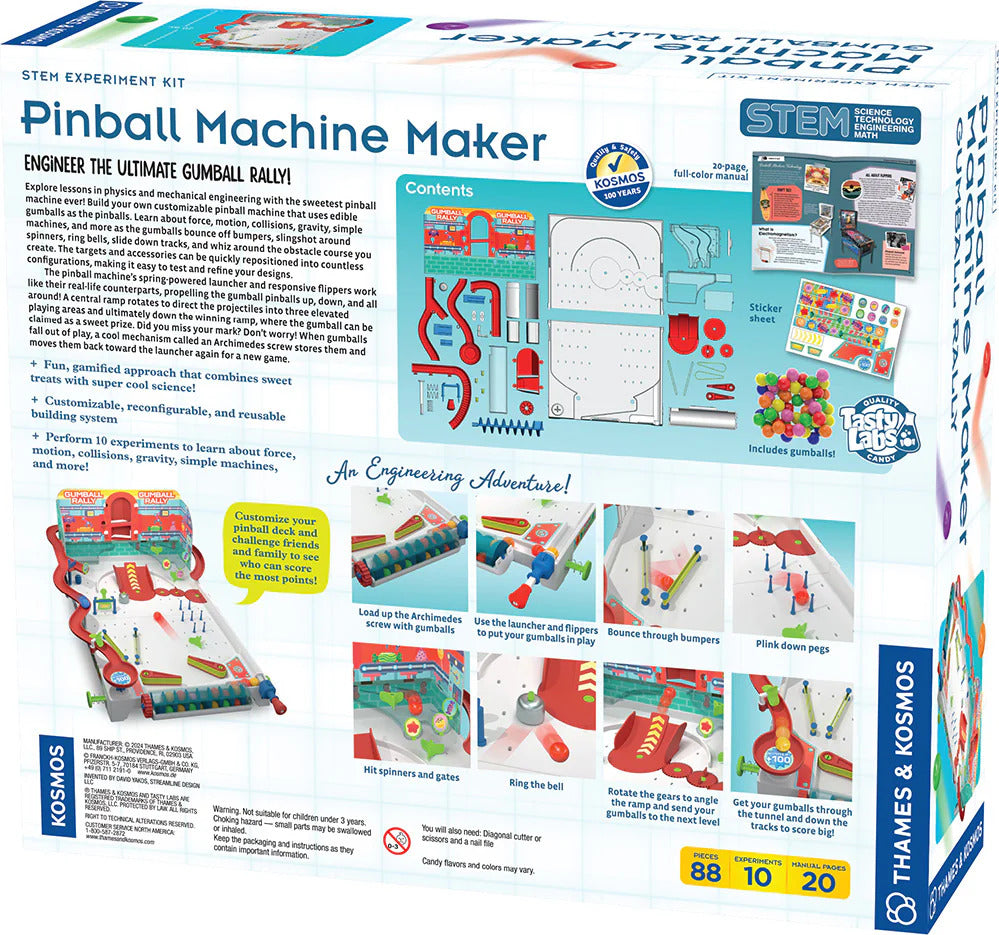 The Pinball Machine Maker by Thames & Kosmos is a hands-on STEM experiment kit that allows users to build an interactive gumball machine. The box features bright illustrations and outlines the contents, including customizable parts, a comprehensive manual, and gumballs. The kit promotes engineering principles through playful construction and includes a variety of activities to explore physics and mechanics.