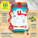 The Gumbal Pinball Machine Maker by Thames & Kosmos features a colorful design with various components including spinners, a bell, flippers, a launcher, and an Archimedes screw for storing and dispensing colorful gumballs. The set promises 10 exciting experiments, combining fun and learning in a hands-on activity.