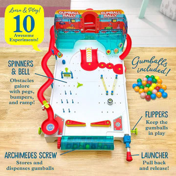 The Gumbal Pinball Machine Maker by Thames & Kosmos features a colorful design with various components including spinners, a bell, flippers, a launcher, and an Archimedes screw for storing and dispensing colorful gumballs. The set promises 10 exciting experiments, combining fun and learning in a hands-on activity.