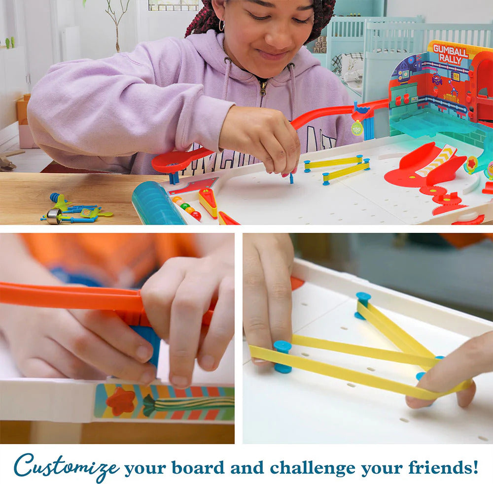 A young girl demonstrates the Pinball Machine Maker - Gumbal by Thames & Kosmos. She customizes her board with colorful components, showcasing hands-on play. The image features close-ups of her hands as she adjusts parts, highlighting creativity and coordination.