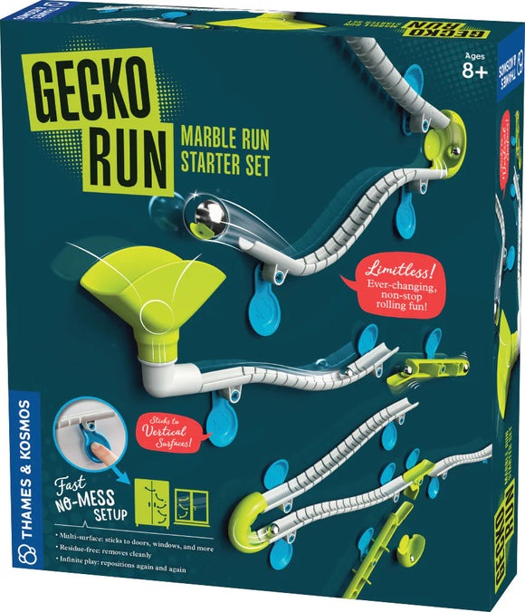 Gecko Run: Marble Run by Thames & Kosmos is a DIY marble track kit designed for ages 8 and up. The starter set features uniquely designed pieces that can easily stick to vertical surfaces like doors and windows, allowing for endless configurations. The vibrant packaging highlights the fun and interactive nature of the kit, emphasizing easy setup and repositioning with a clean, residue-free removal.