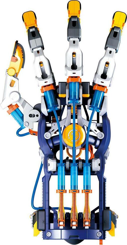 The Mega Cyborg Hand by Thames & Kosmos is an intricate DIY kit featuring a robotic hand design, showcasing mechanical joints, tubes, and colorful components. Ideal for young inventors, this hands-on project encourages creativity and STEM learning.