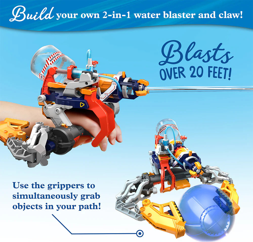 A child holds the Mega Cyborg Hydro Blaster, a 2-in-1 water blaster and claw. The vibrant device is equipped with a transparent chamber and colorful parts, designed for optimal grip and fun. It showcases the ability to blast water over 20 feet and includes grippers for grabbing objects.