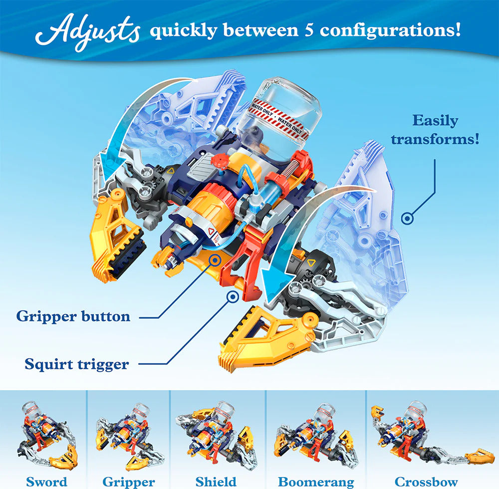 The Mega Cyborg Hydro Blaster from Thames & Kosmos features a colorful design with a water reservoir at the top. It showcases adjustable parts that can transform into five different configurations, including sword, shield, boomerang, and crossbow. The main body has buttons for gripping and squirting water, emphasizing multifunctionality and fun.