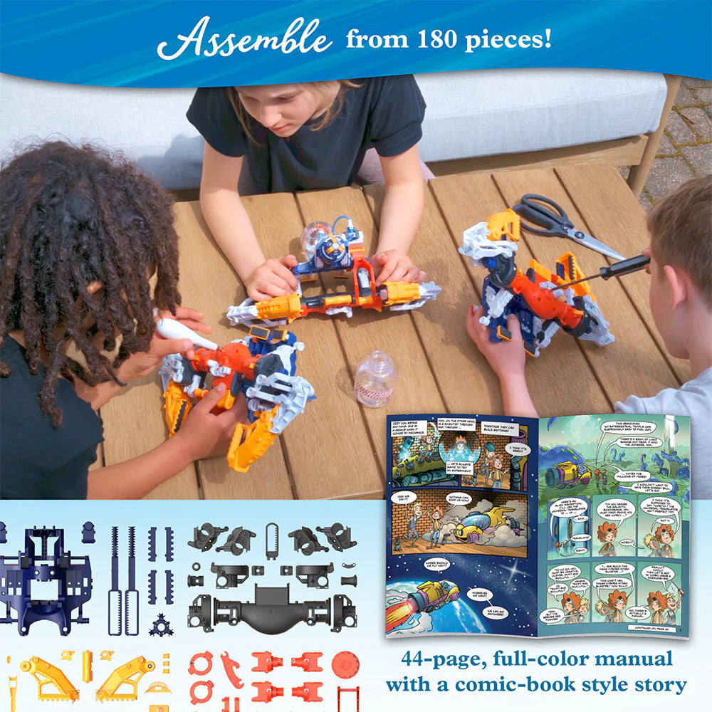 Children engaging in a hands-on assembly of the Mega Cyborg Hydro Blaster, a DIY kit composed of 180 colorful pieces. The table displays a variety of parts and a comic-book style manual, as two kids focus intently on their creations.