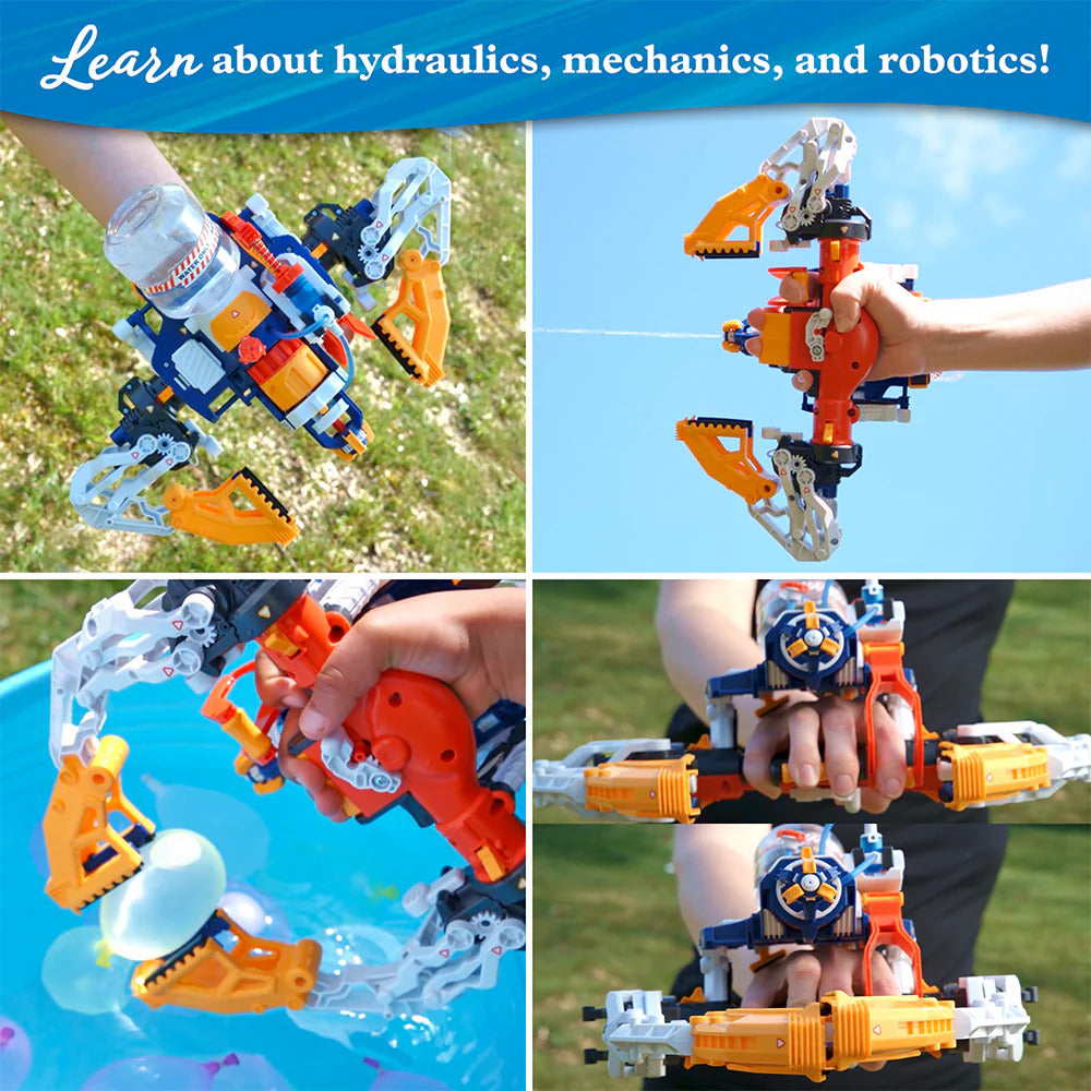 The Mega Cyborg Hydro Blaster by Thames & Kosmos, showcasing its colorful design and hydraulic features. Various angles show a child using the blaster to interact with water balloons and demonstrate mechanics. The product emphasizes learning about hydraulics, robotics, and mechanics through play.