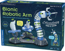 A detailed image of the Bionic Robotic Arm toy kit by Thames & Kosmos. The packaging showcases a futuristic mechanical robotic arm that features multiple joints and a unique tendon-driven control system. The arm is designed for advanced builders aged 10 and up and emphasizes intuitive control with joysticks. It includes a variety of components and visuals such as intricate mechanical parts and an informative layout about learning biomimicry in engineering.