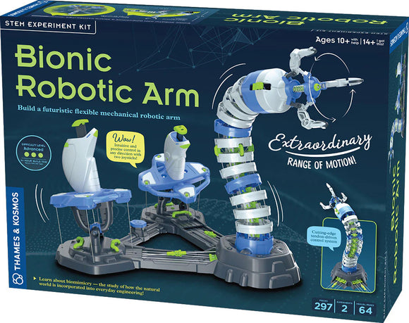 A detailed image of the Bionic Robotic Arm toy kit by Thames & Kosmos. The packaging showcases a futuristic mechanical robotic arm that features multiple joints and a unique tendon-driven control system. The arm is designed for advanced builders aged 10 and up and emphasizes intuitive control with joysticks. It includes a variety of components and visuals such as intricate mechanical parts and an informative layout about learning biomimicry in engineering.