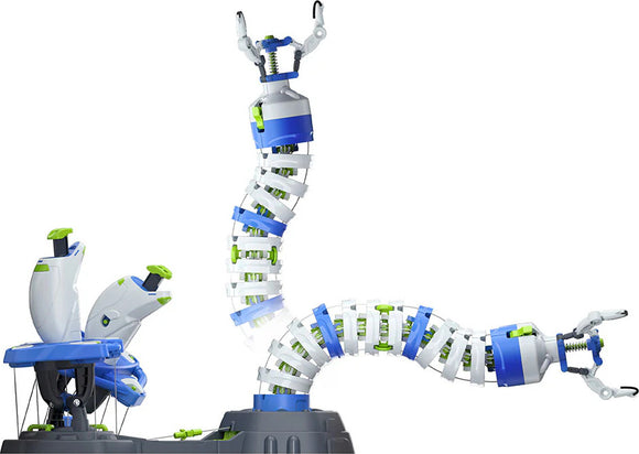 A Bionic Robotic Arm by Thames & Kosmos, featuring a flexible, segmented design with articulated joints and grasping claws. The arm is primarily white with blue and green accents, showcasing its advanced engineering and playful design.