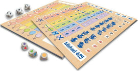 The Lost Cities Roll & Write game features bright, colorful score sheets designed for players to fill in as they play. The game includes three unique dice in the foreground with symbols and numbers, and two score sheets displaying various scoring areas and strategies. The layout promotes player interaction and strategic thinking, making it perfect for family game nights.