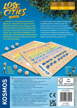 The product features 'Lost Cities Roll & Write' game by Thames & Kosmos. The image shows the game box and components including 6 dice, a score pad, and a rulebook. The game is set in a jungle theme where players embark on expeditions to earn points based on their dice rolls. The colorful game board displays various symbols and scoring options, with text in both German and English.