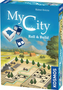 The game 'My City Roll & Build' by Thames & Kosmos features a colorful box design showcasing a landscape with houses, trees, and mountains. The title is prominently displayed, along with components like dice and a game board layout that includes paths and building areas for players to develop their city.
