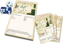 My City Roll & Build game components including multiple challenge sheets with intricate landscape designs, scoring and building instructions, accompanied by three wooden dice. The game emphasizes strategic planning and resource management for land development.